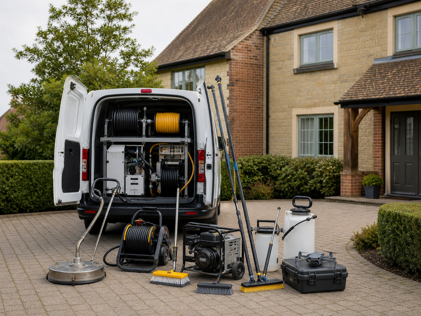 Norris Cleaning van with full softwash and pressure washing equipment outside an Oxfordshire home